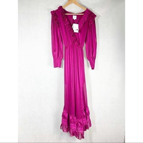 Misa  Gabriela Fuschia Striped Chiffon Midi Dress Size Small - Picture 2 of 16